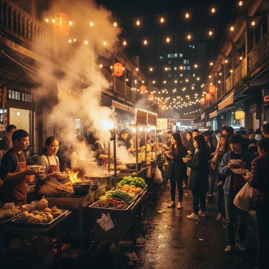 Street food market scene with steam and warm lighting