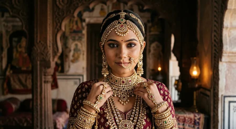 Photorealistic portrait with complex jewelry and ornate headpiece