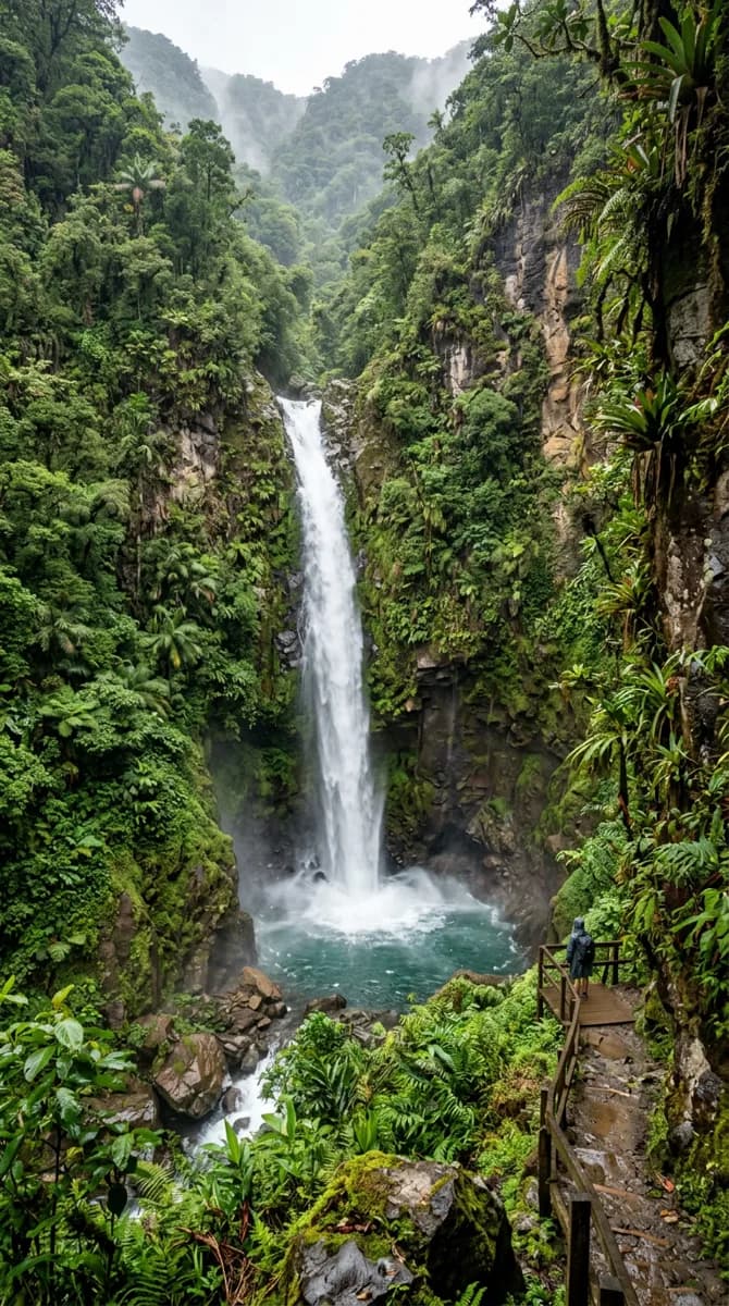 Tall vertical image of a waterfall in a lush tropical canyon