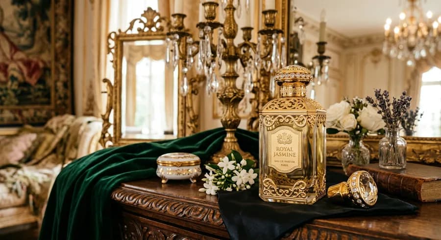 Product photography of luxury perfume in an ornate setting