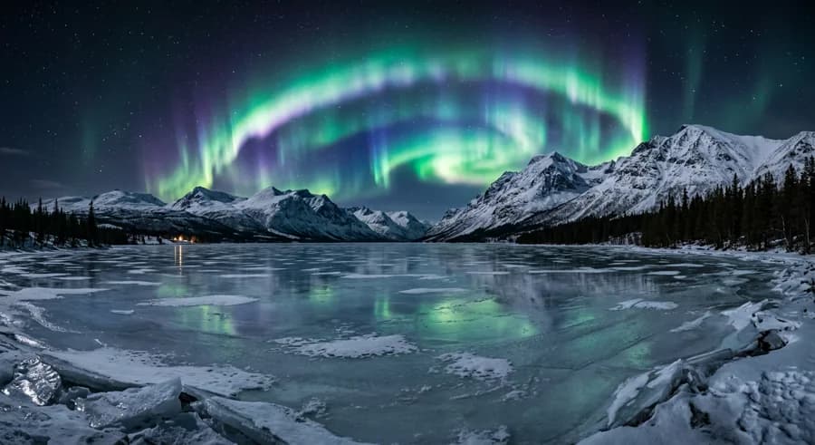 Cinematic landscape of northern lights over a frozen lake