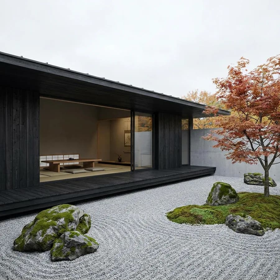 Architectural visualization of a minimalist Japanese home with zen garden