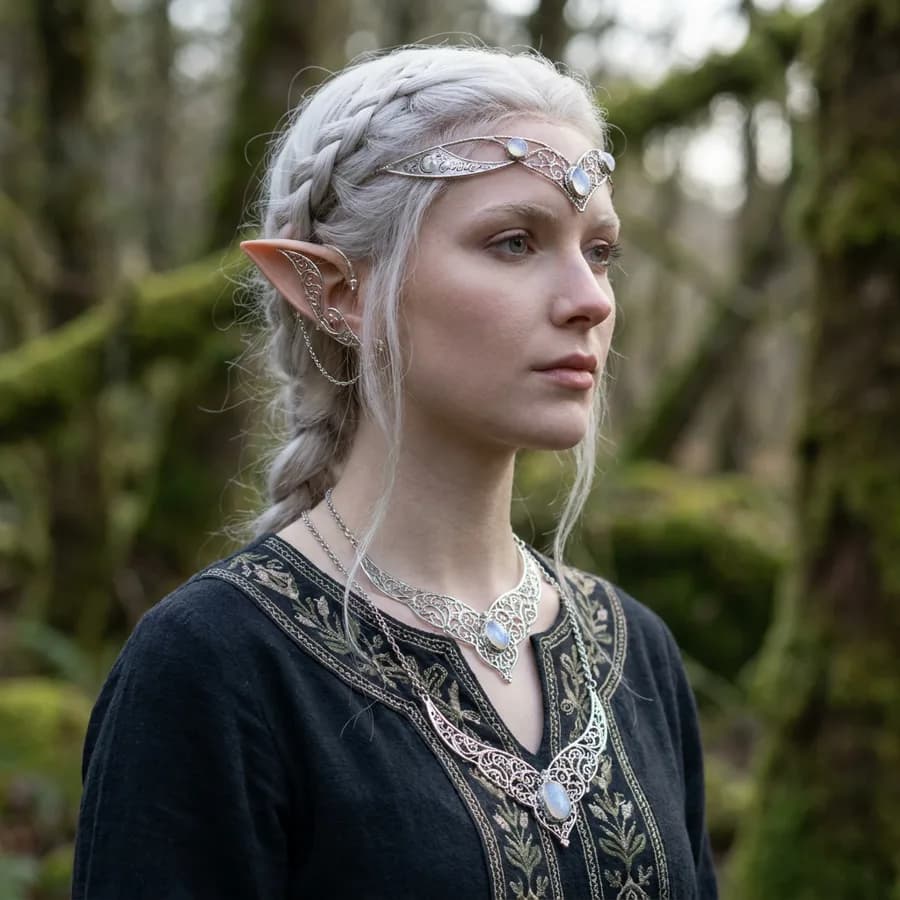 Photorealistic portrait of a fantasy elf with intricate platinum jewelry