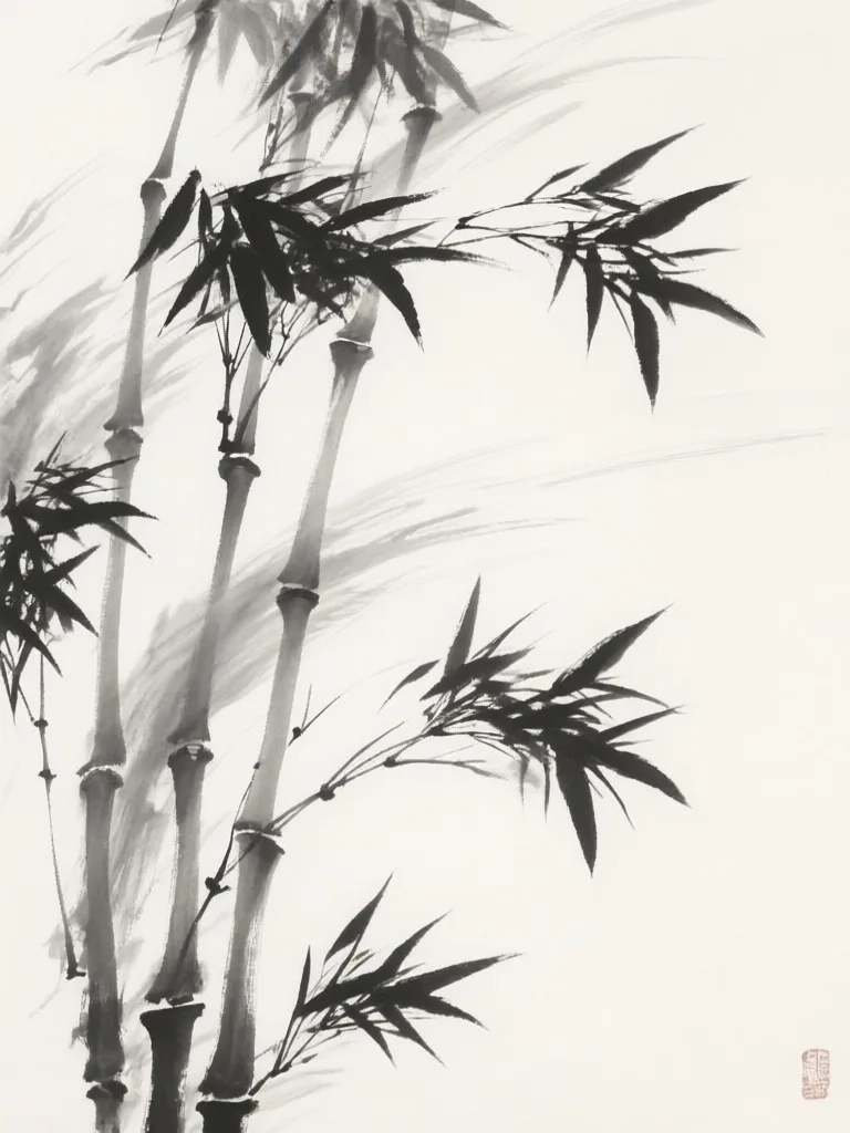 Traditional Chinese ink painting of bamboo in the wind