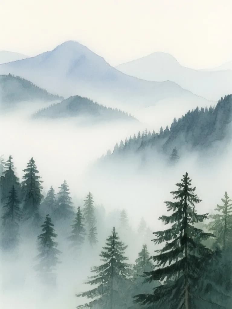 Watercolor landscape of misty mountains and pine trees