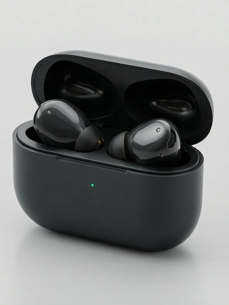 Clean product photography of wireless earbuds in charging case