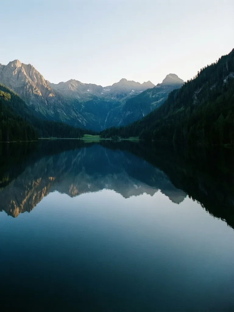 Serene landscape of a mountain lake at dawn with reflections