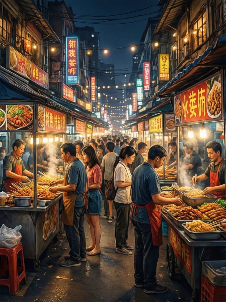 Illustration of a bustling night market with street food vendors
