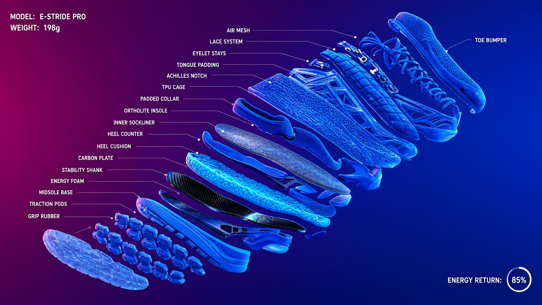 Spectacular exploded-view advertising image of one electric-blue performance running shoe suspended in space, separated into eighteen precisely aligned functional layers: translucent outsole, carbon plate, foam chambers, woven upper, laces and heel structure. Thin white technical leader lines label exactly “CARBON PLATE”, “ENERGY FOAM”, “AIR MESH” and “GRIP RUBBER”. Components float against a saturated magenta-to-cobalt studio background with cyan rim lighting and crisp realistic shadows. Ultra-clean industrial photography, bold graphic hierarchy, vivid cool palette.