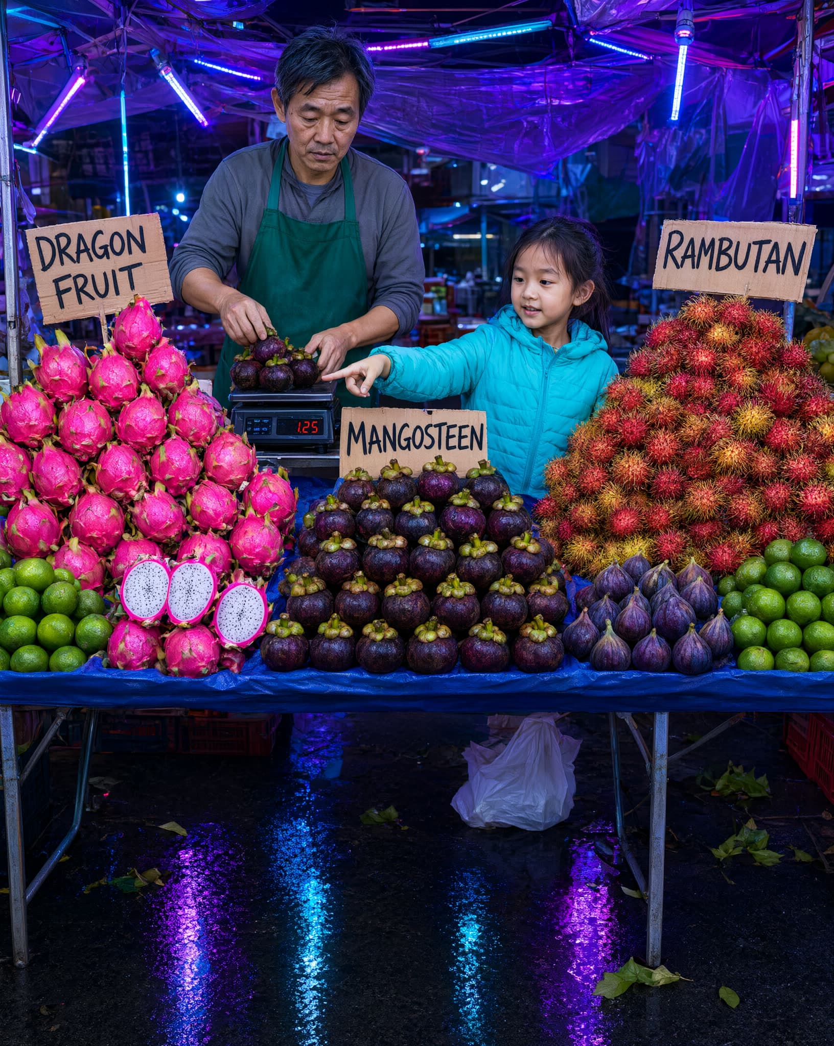 Immersive photorealistic night-market scene viewed slightly from above: dozens of perfect pyramids of dragon fruit, mangosteen, rambutan, limes and purple figs under saturated cyan, magenta and violet LED tubes. Three handmade signs read exactly “DRAGON FRUIT”, “MANGOSTEEN” and “RAMBUTAN”. A vendor in an emerald apron weighs fruit while a child points toward a split-open neon-pink dragon fruit. Wet pavement reflects the colors like glass. Dense authentic detail, realistic faces and hands, crisp commercial photography, cool white balance, no amber lighting.