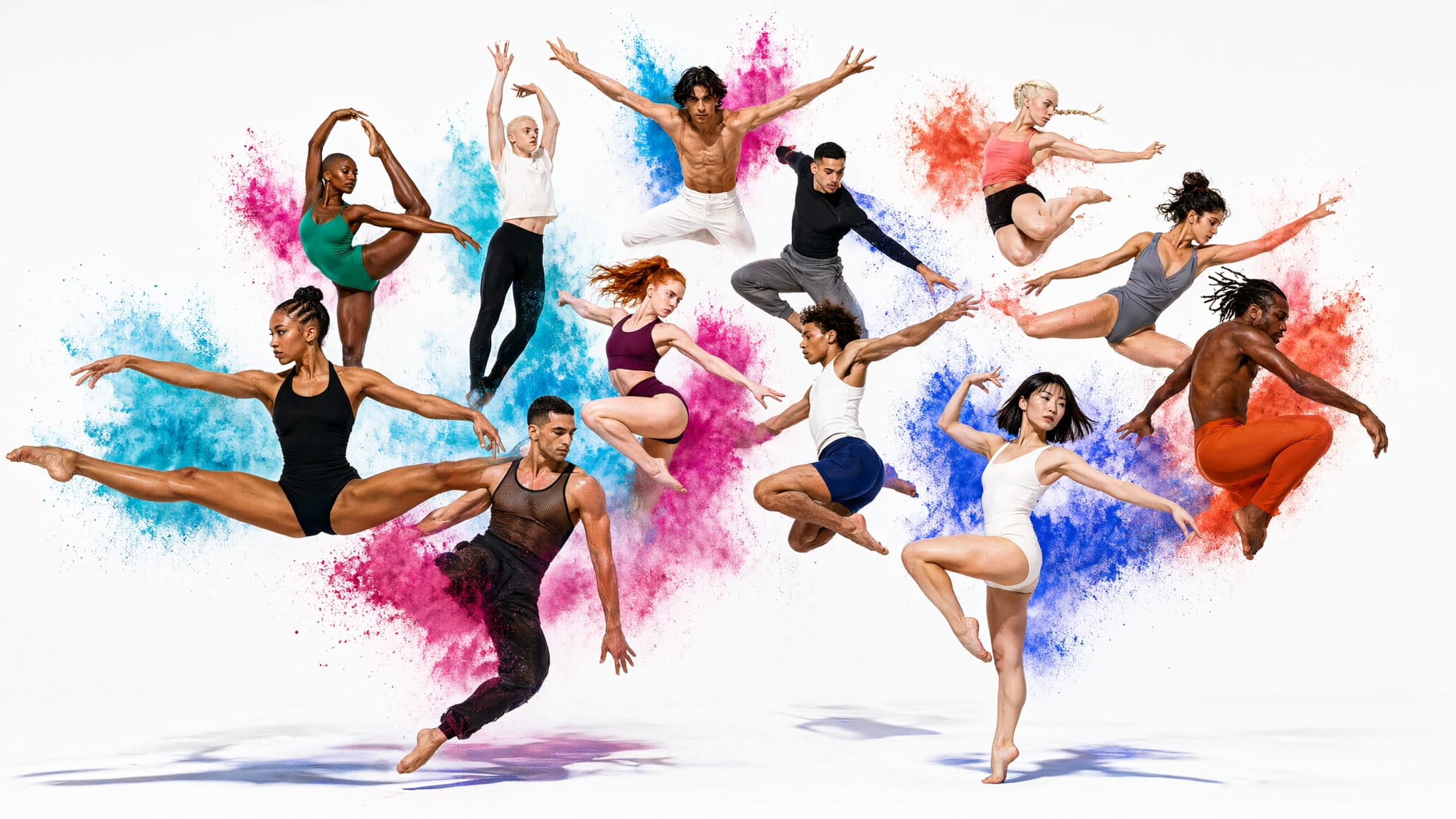 High-energy editorial photograph of twelve contemporary dancers frozen simultaneously in mid-air across a pure white cyclorama. Explosive clouds of saturated cyan, magenta, ultramarine and vermilion powder trace each dancer’s movement without hiding faces or limbs. Every dancer has a distinct anatomically believable pose, sharp eyes and realistic hands. Hard white studio flash, crystalline airborne particles, deep cobalt shadows, enormous negative space, graphic campaign composition. Neutral 5500K color balance, clean whites, intense chromatic contrast, no warm tint.