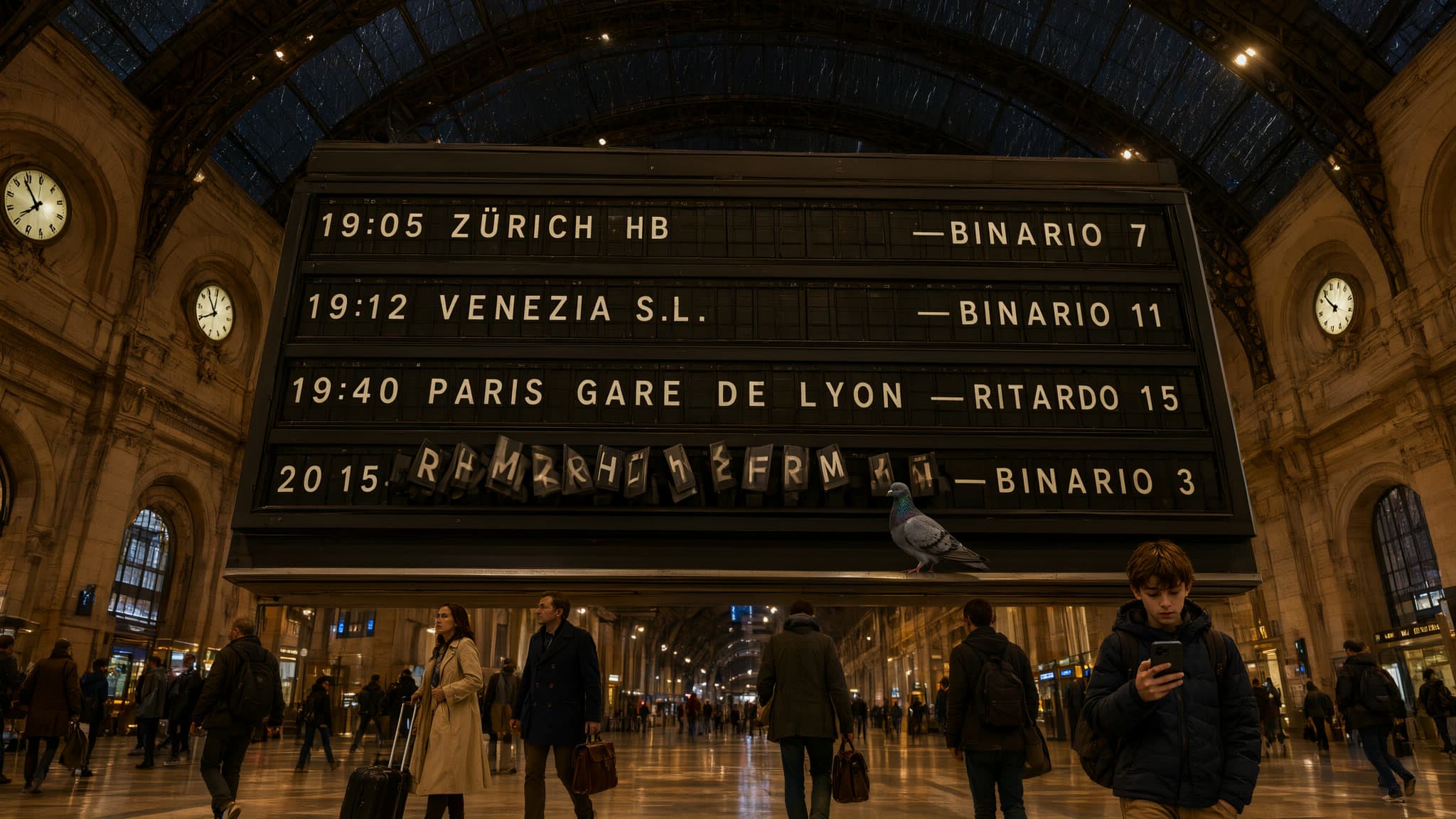 Monumental low-angle photograph of a vintage split-flap departure board inside Milano Centrale at midnight. Rows read exactly “19:05 ZÜRICH HB — BINARIO 7”, “19:12 VENEZIA S.L. — BINARIO 11”, and “19:40 PARIS GARE DE LYON — RITARDO 15”. One row is caught physically mid-flip with individual letter tiles rotating while neighboring rows remain perfectly sharp. Tiny commuters and rolling luggage create scale below; one pigeon stands on the ledge. Iron-and-glass vault, rain outside, warm amber station light, deep perspective, premium cinematic realism.