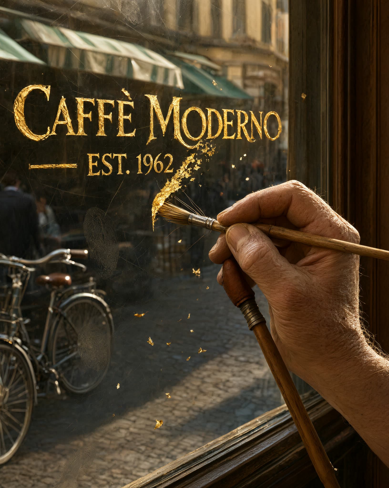 Photorealistic extreme close-up inside an old Milan café: a sign painter’s weathered hand steadies a mahl stick while a fine brush applies luminous gold leaf to window glass, spelling exactly “CAFFÈ MODERNO — EST. 1962” in ornate serif lettering. The final “O” is visibly half-finished, with ragged gilding at its edge. Through the glass: reversed bicycles, striped awnings and afternoon street bokeh. Gold fragments float in warm side-light; fingerprints, brush hairs, glass scratches and skin pores are razor sharp. Dramatic editorial composition focused on brush meeting letter.