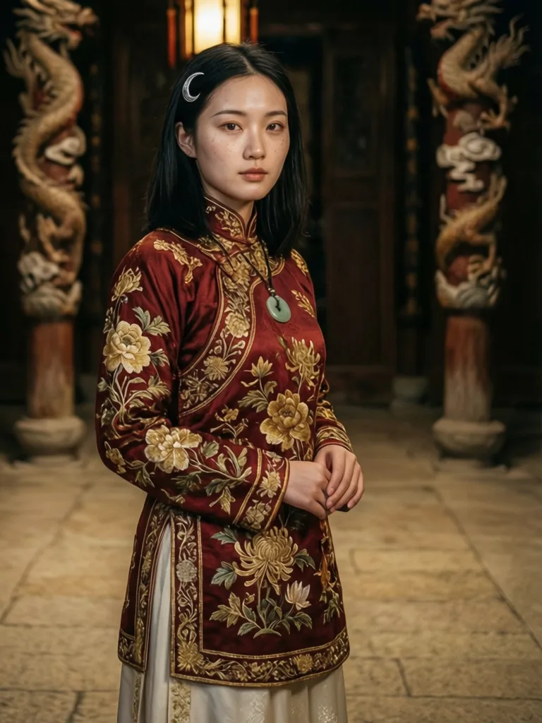 Hyper-detailed portrait with intricate embroidery on traditional garments