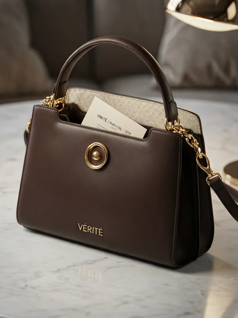 Luxury brand product shot of a leather handbag with gold hardware