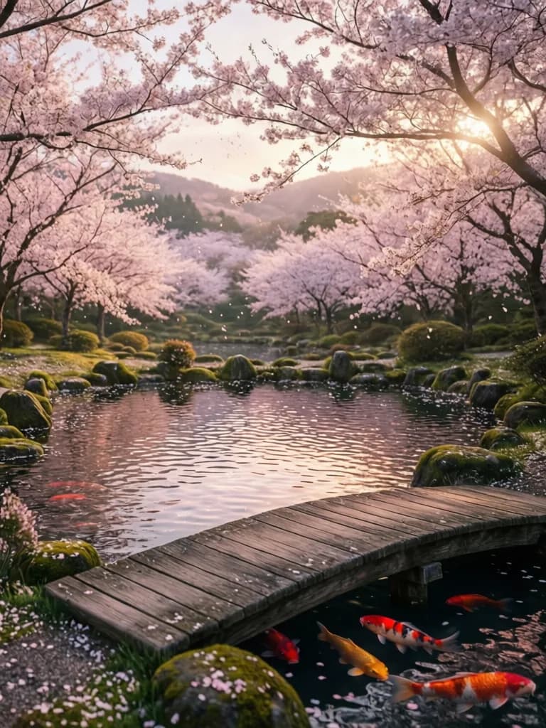 Cinematic landscape of cherry blossom trees over a koi pond