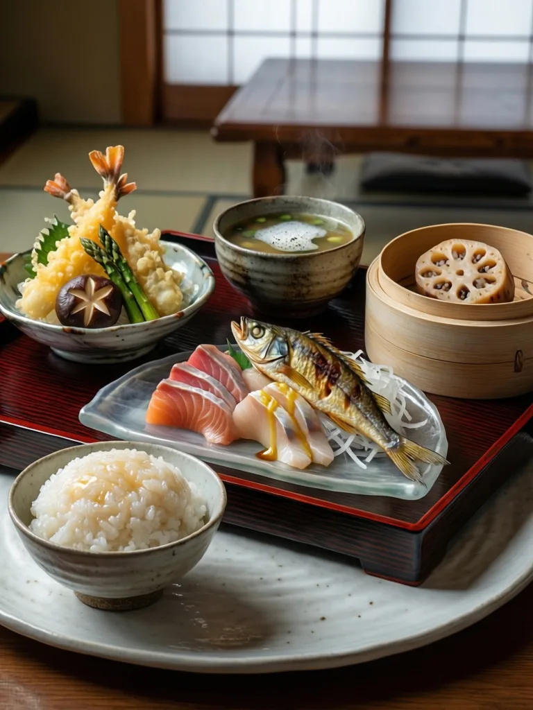 Photorealistic food photography of a multi-course Japanese kaiseki meal