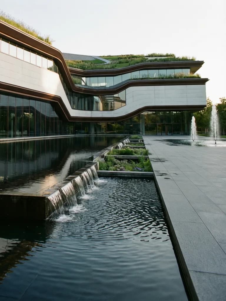Architectural render of a modern museum with water features