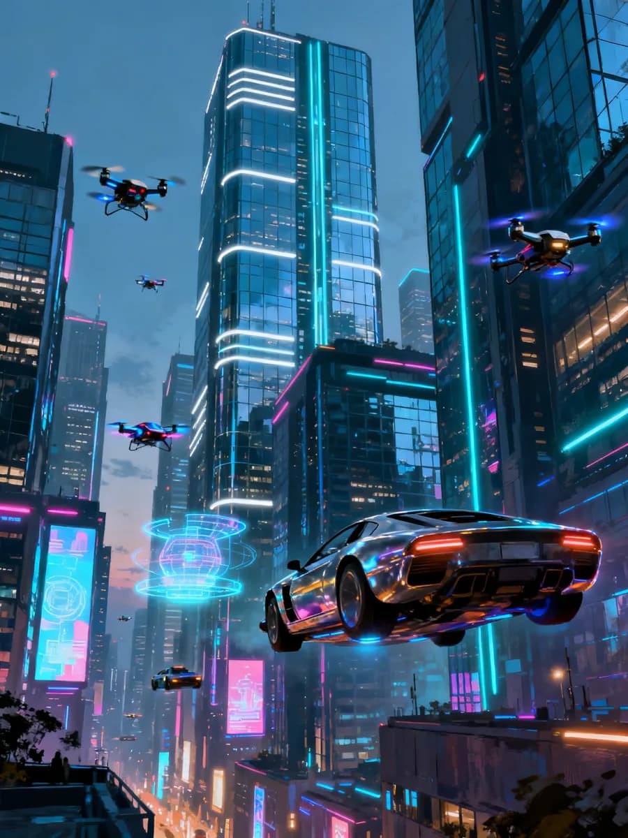 Digital painting of a futuristic city with flying vehicles