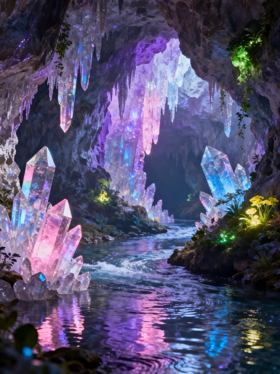 Fantasy landscape with crystal caves and underground rivers