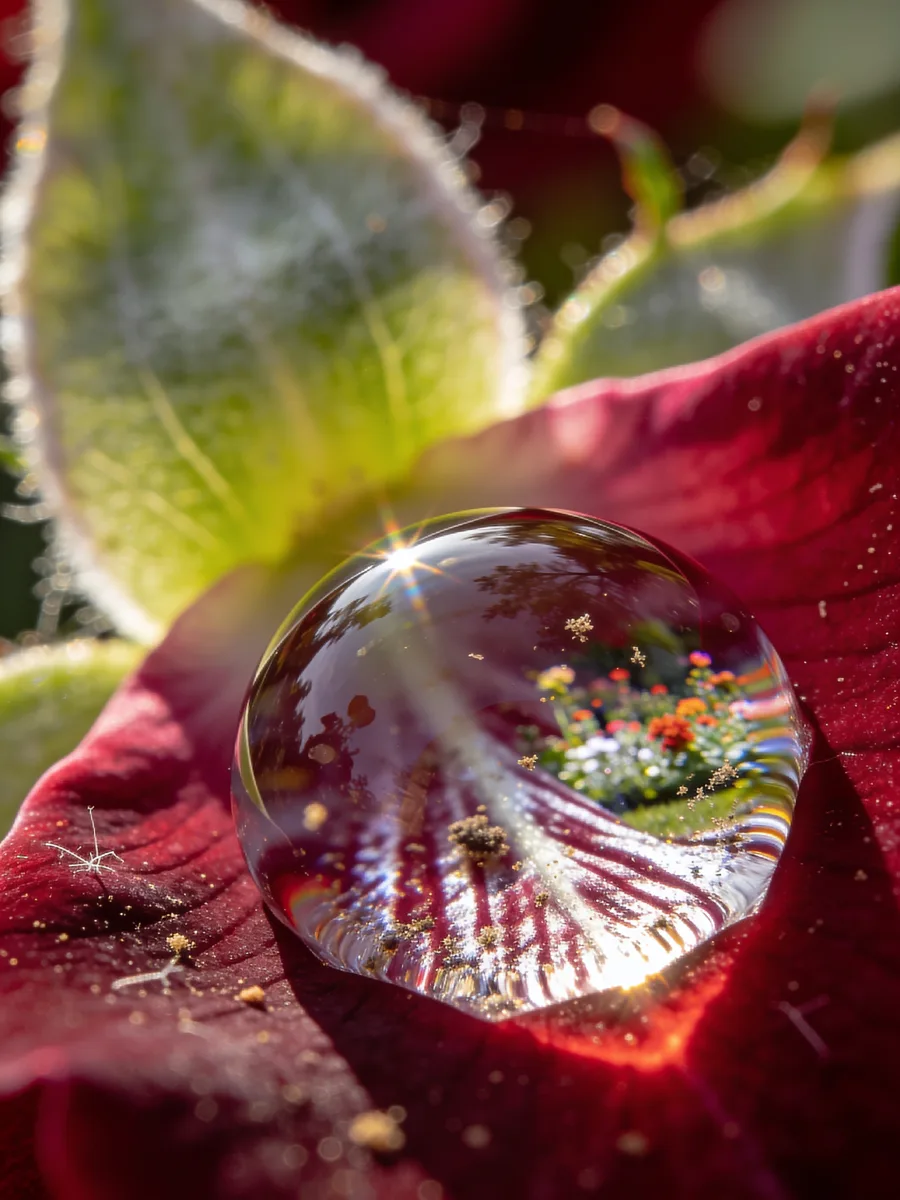 Hyperdetailed macro shot of a dewdrop on a rose petal