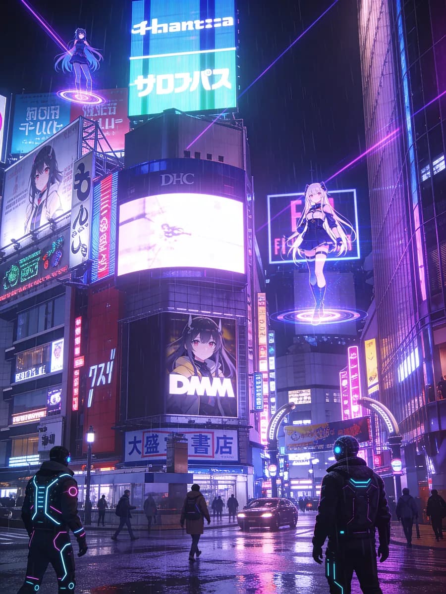 Cyberpunk street scene in Tokyo at night with holograms