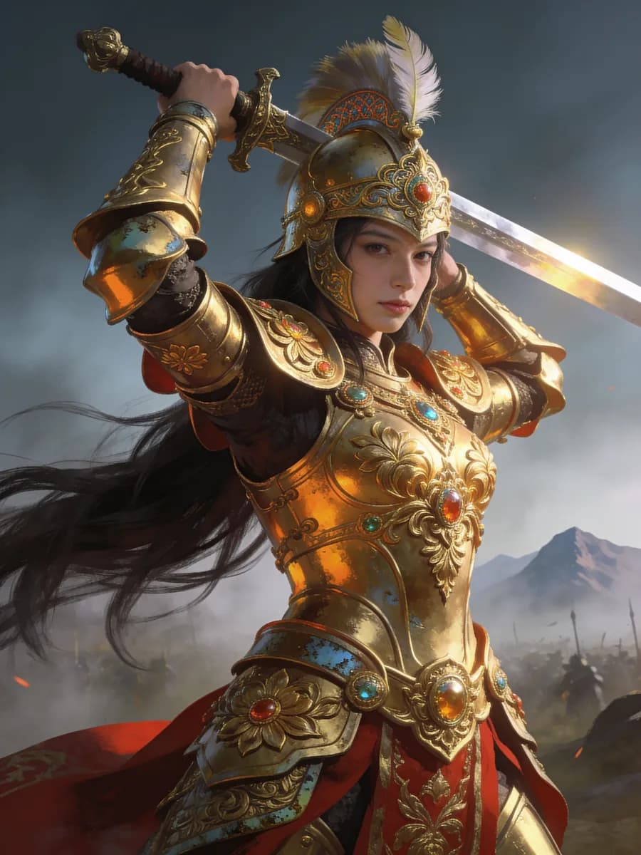Portrait of a warrior princess in golden armor with filigree details