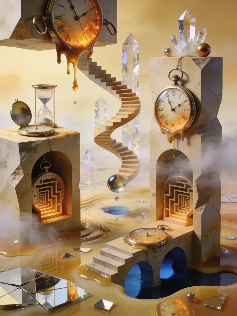Surreal dreamscape with melting clocks and impossible geometry