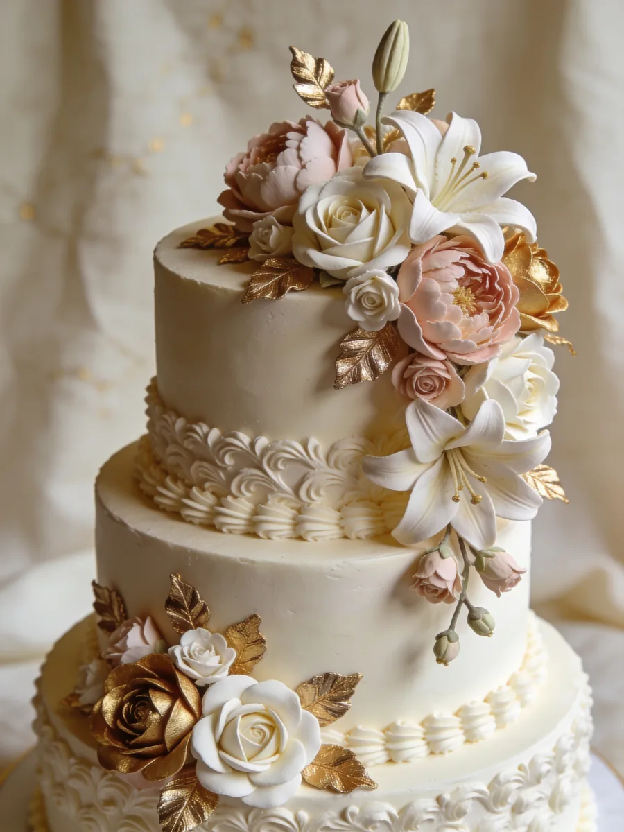 Food photography of a multi-layer wedding cake with sugar flowers