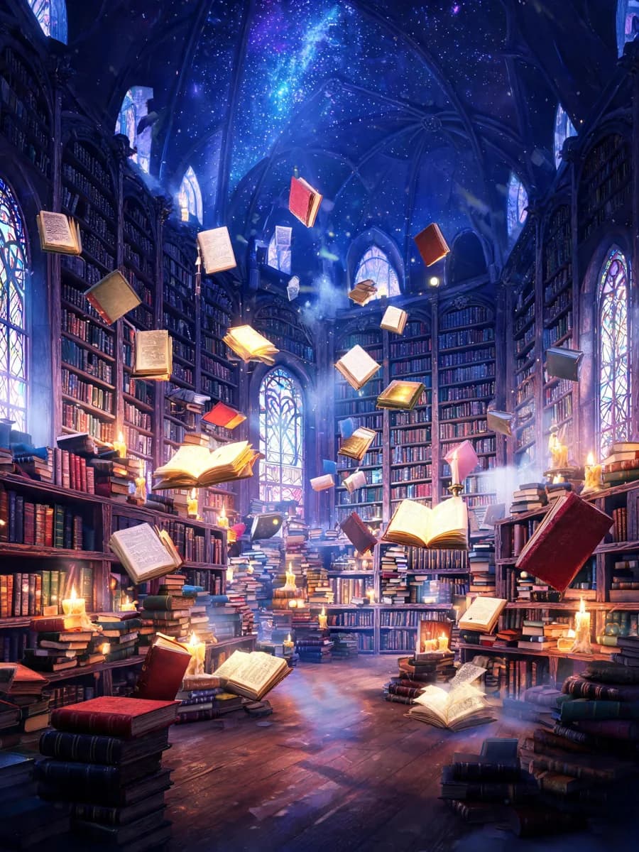 Digital painting of an enchanted library with floating books