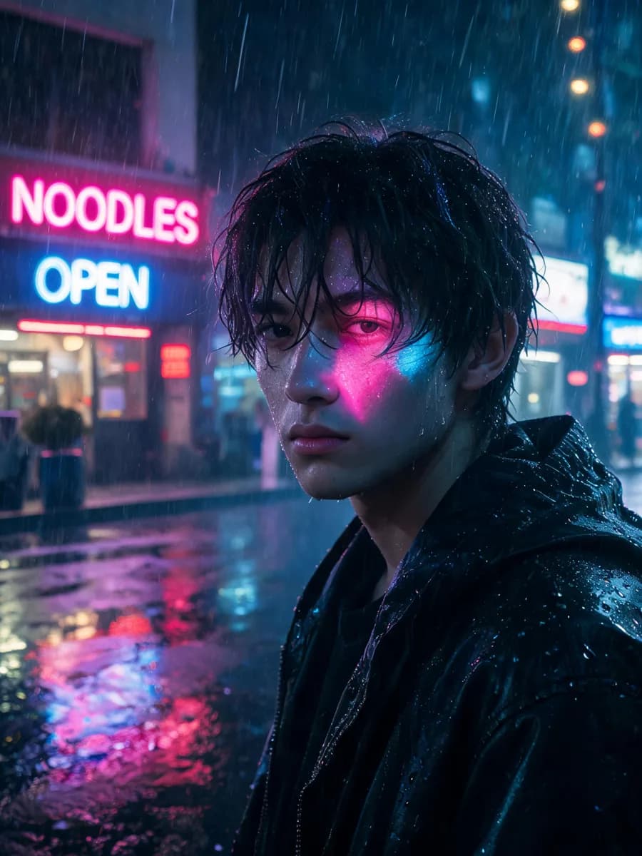Street photography portrait with neon reflections in rain