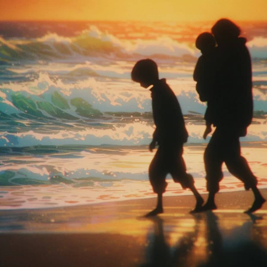 Golden hour beach scene with a family silhouetted against crashing surf, 35mm film grain
