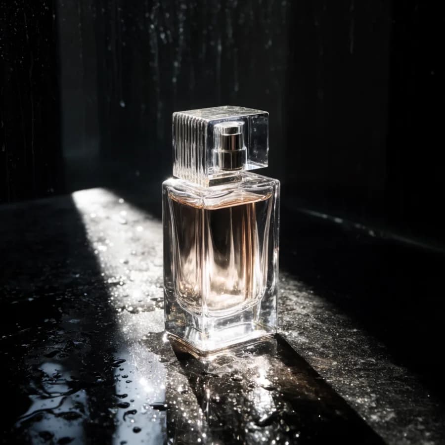 High-end perfume campaign: glass bottle on wet black stone with a single beam of light