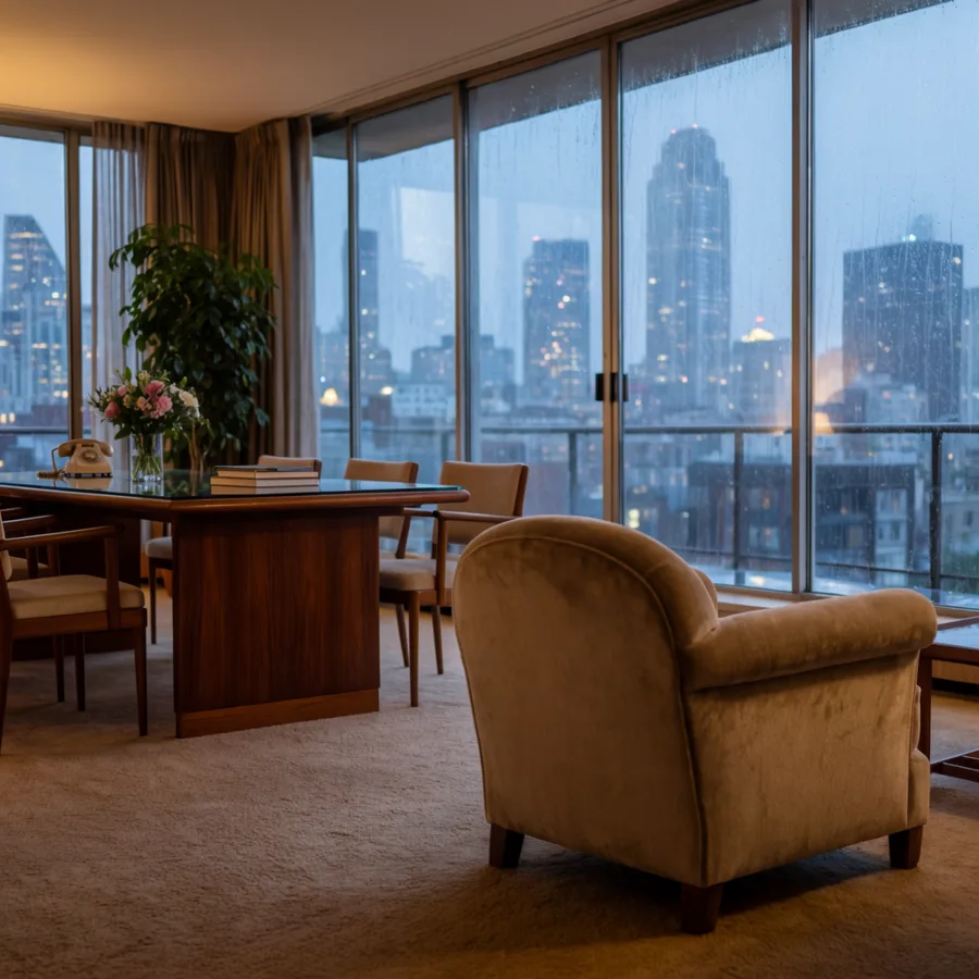 Luxury hotel suite interior overlooking a rainy city skyline at dusk