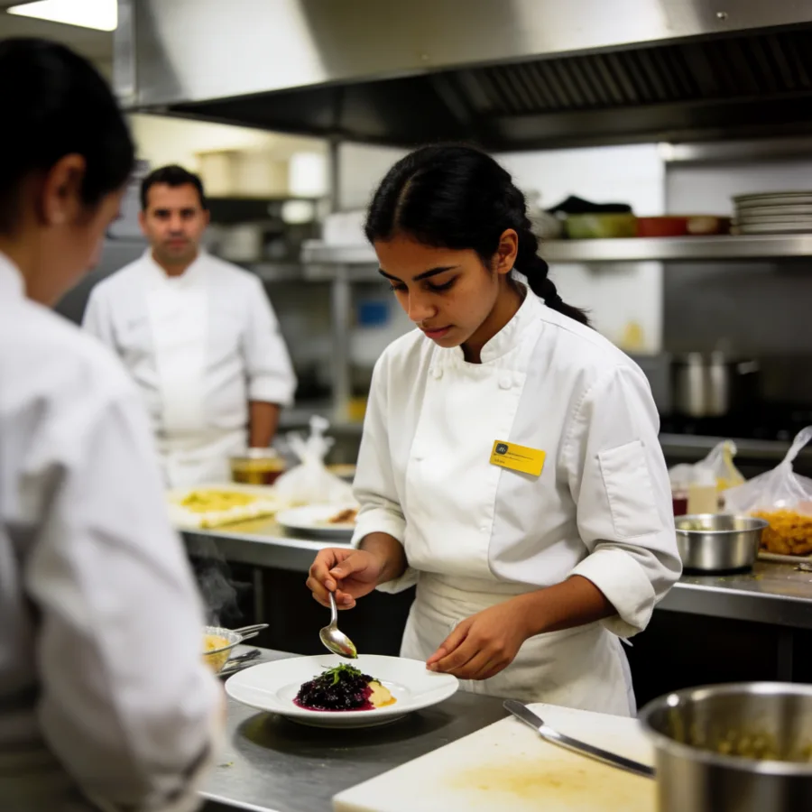 Editorial portrait of a chef plating a dish in a busy open kitchen, shallow depth of field