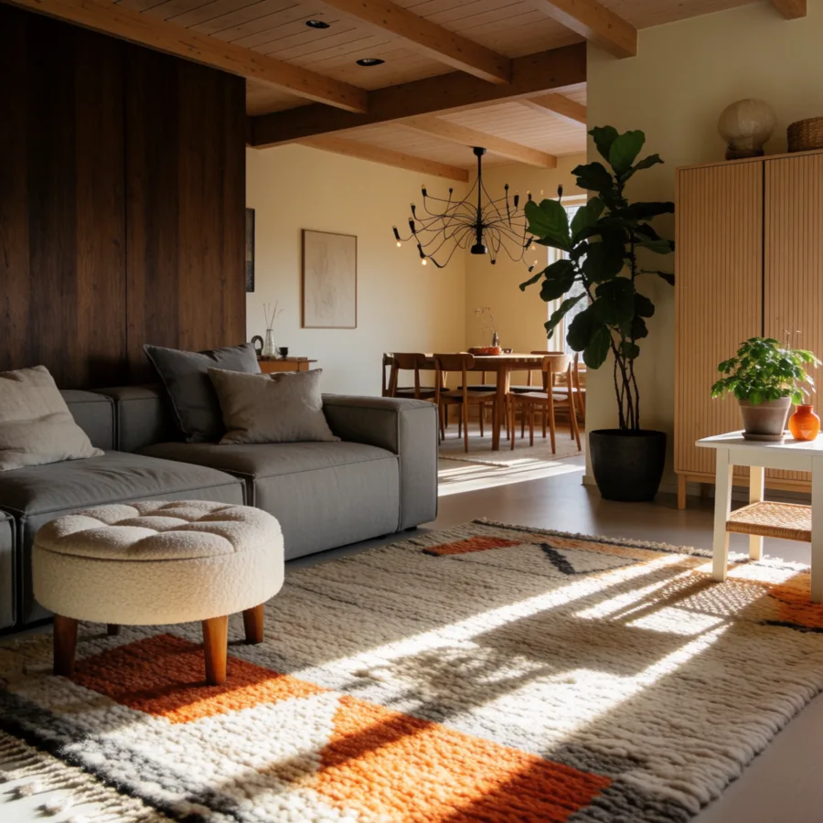 Scandinavian living room with afternoon sun streaks across a wool rug