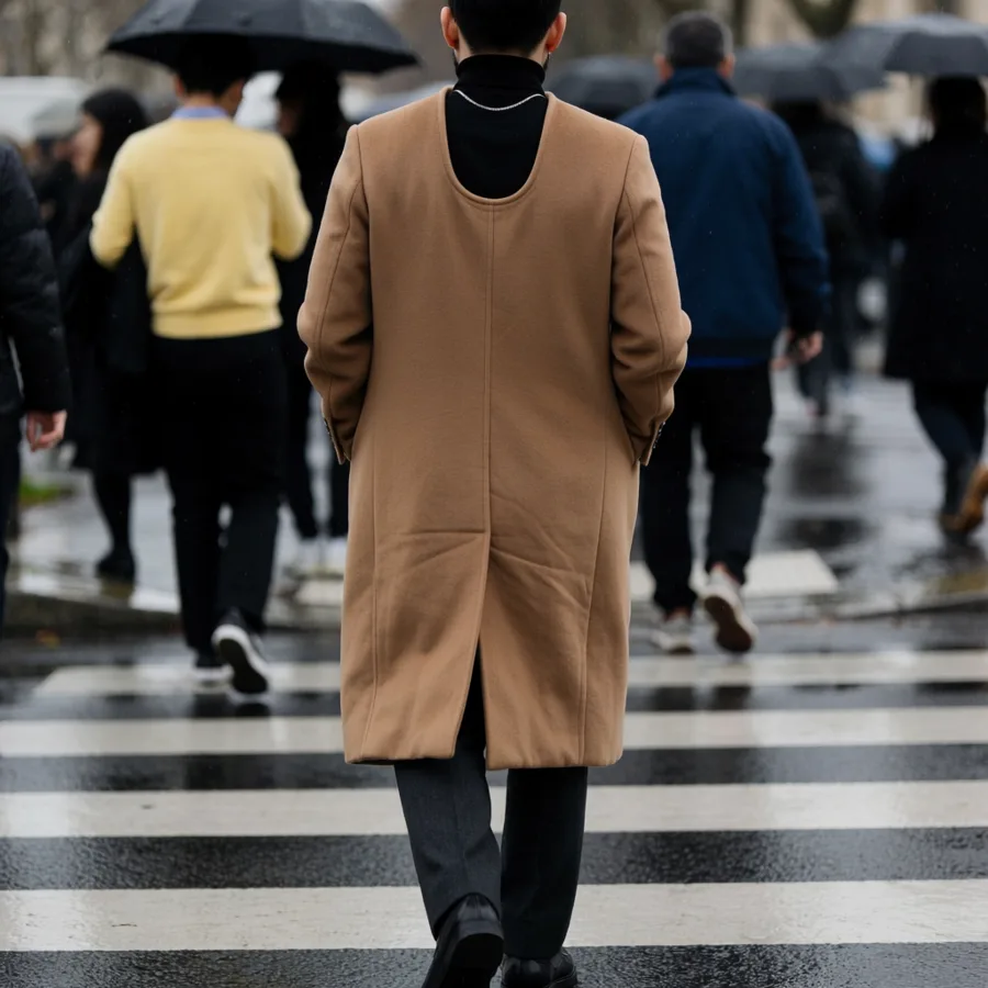 Street style photo of a man in a camel coat crossing a rainy crosswalk