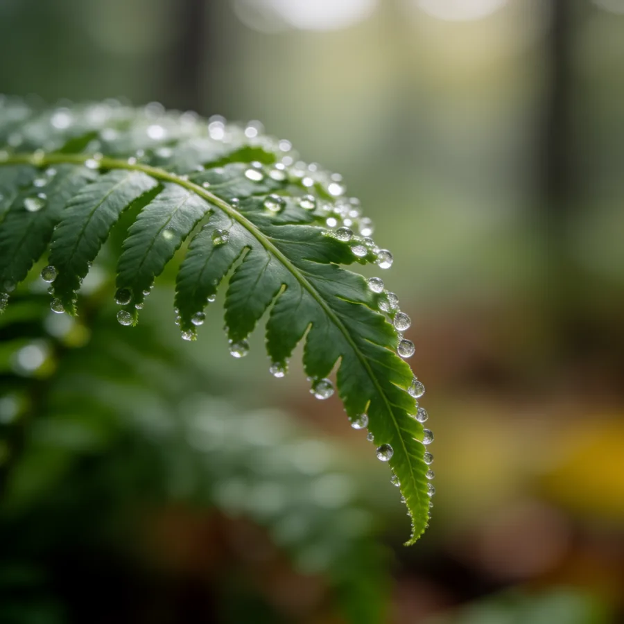 Macro shot of dew drops on a fern leaf in soft forest light