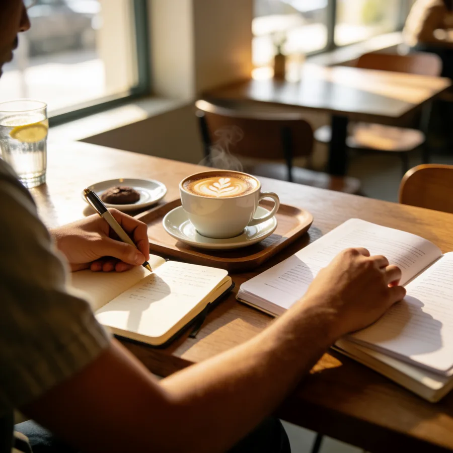 Warm café scene with latte art and an open notebook by the window
