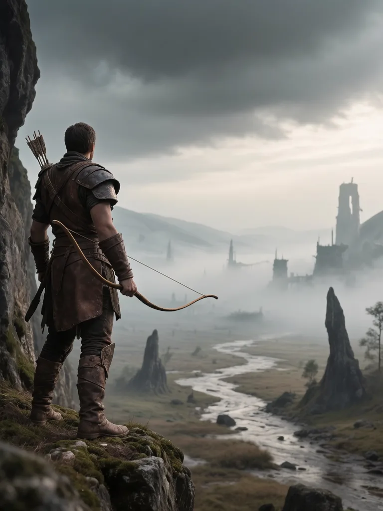 Cinematic scene of a warrior overlooking a misty valley