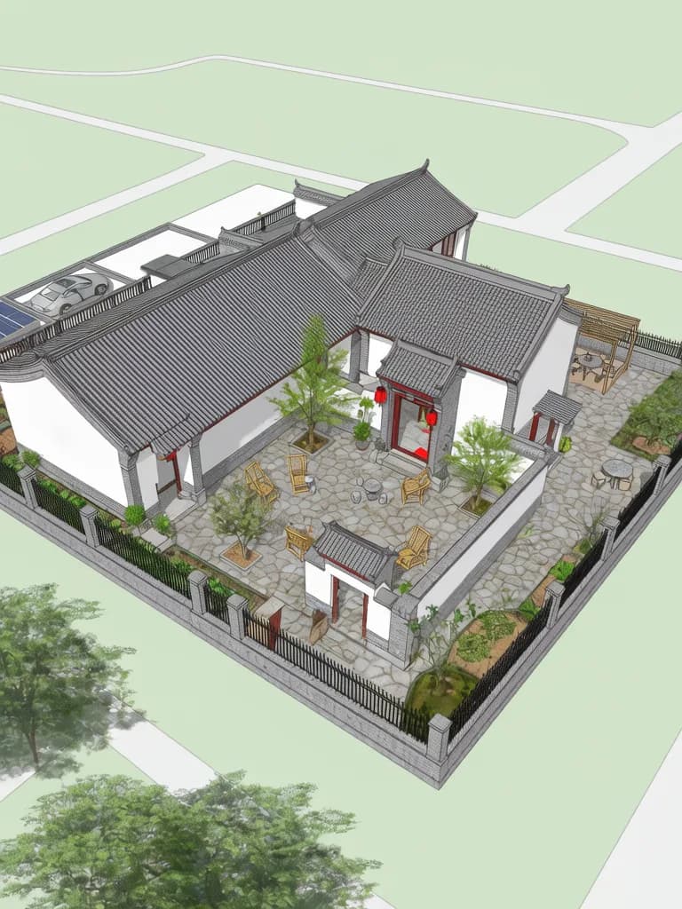 Detailed architectural render of a traditional Chinese courtyard house