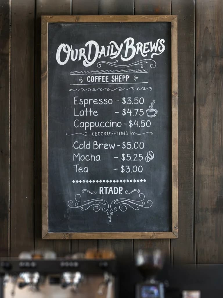 Coffee shop chalkboard menu with hand-lettered prices and small doodles