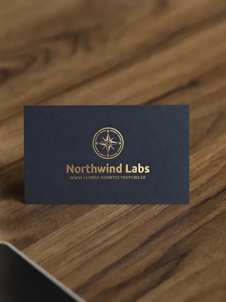 Dark navy business card with a gold foil compass logo for "Northwind Labs", lying on a walnut desk