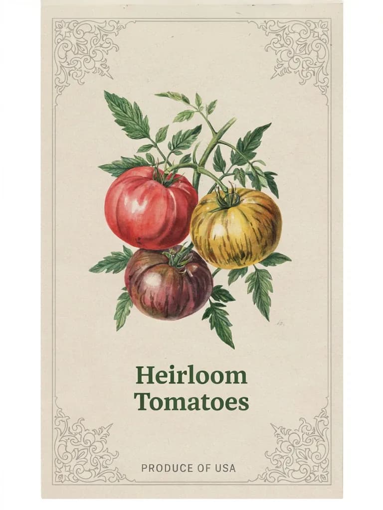 Vintage seed packet design labeled "Heirloom Tomatoes" with botanical illustration