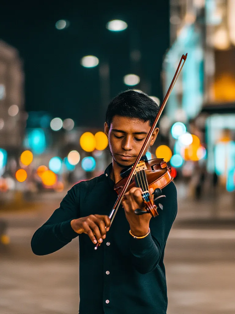 Portrait of a street musician playing violin under city lights