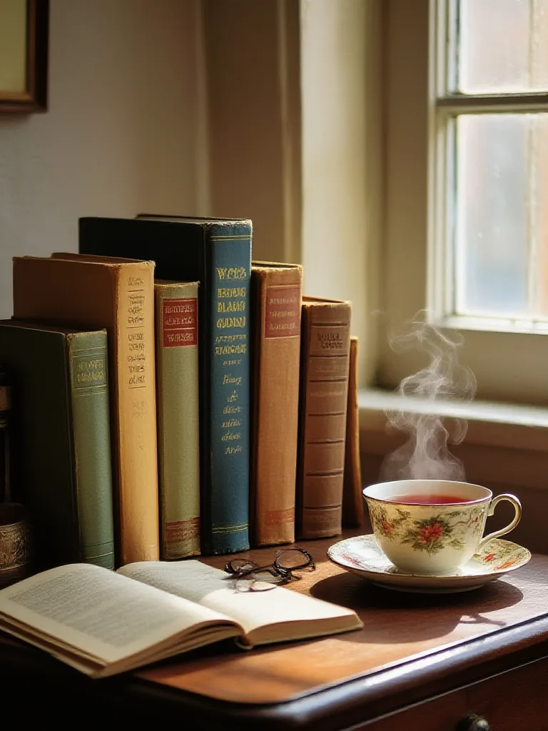 Still life of vintage books and a steaming cup of tea by a window