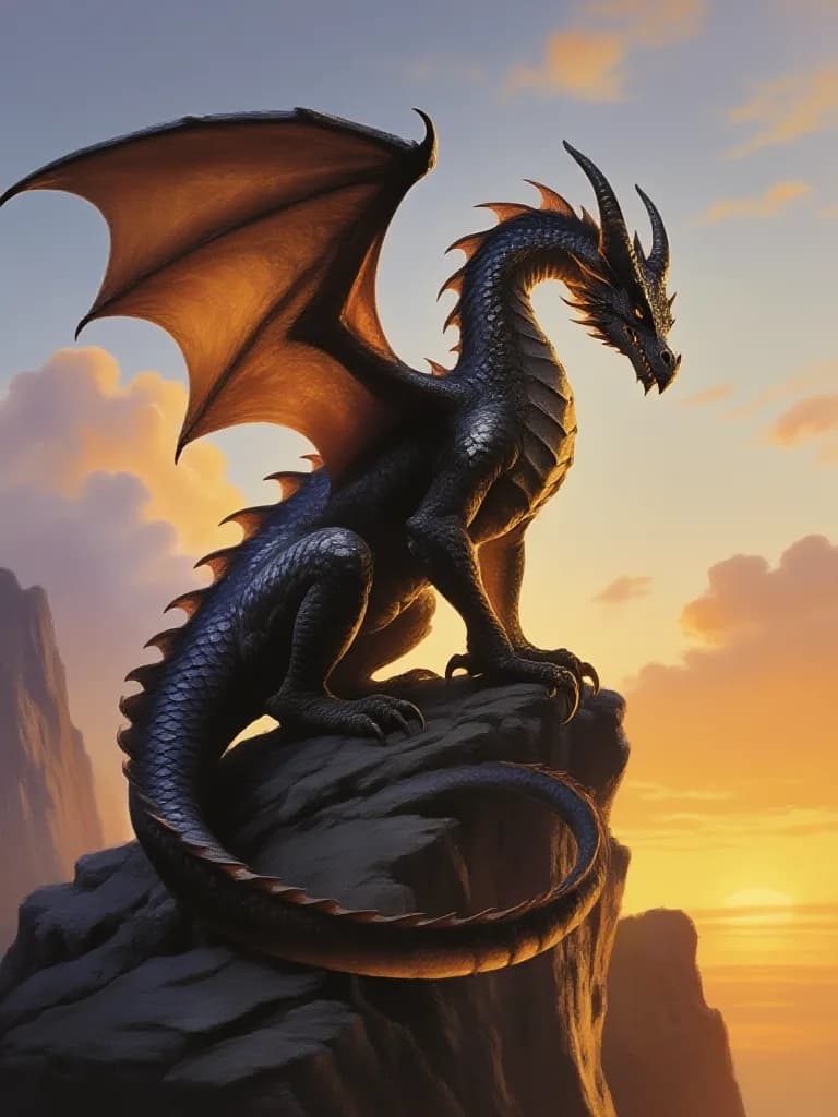 Fantasy illustration of a dragon perched on a cliff at sunset