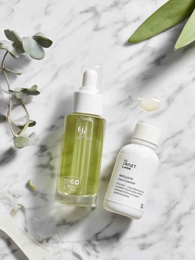 Flat-lay product photo of skincare bottles on a marble surface