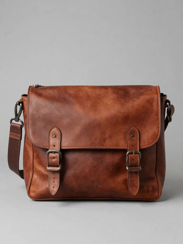 Product shot of a handcrafted leather messenger bag
