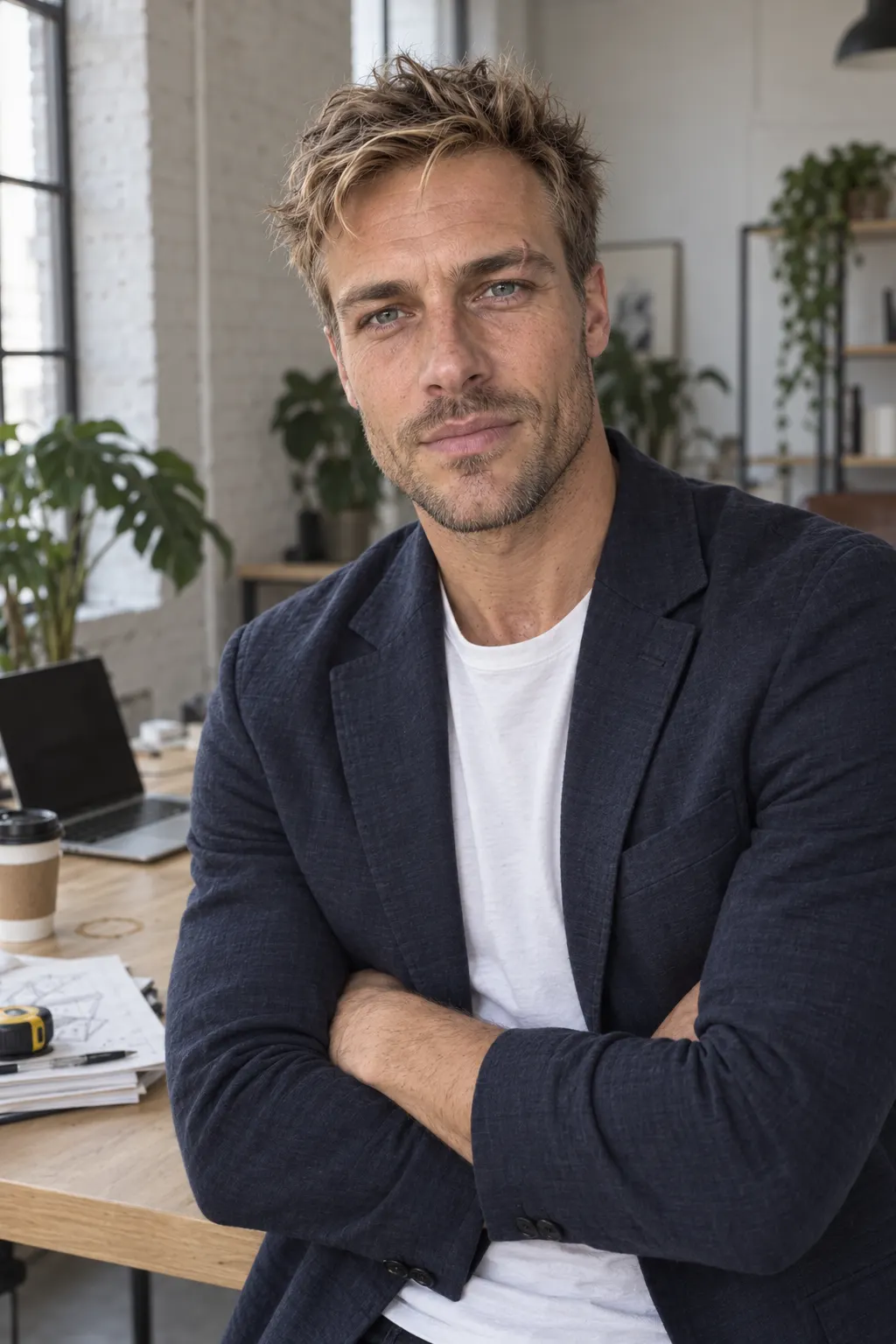 Professional headshots: Desk lean